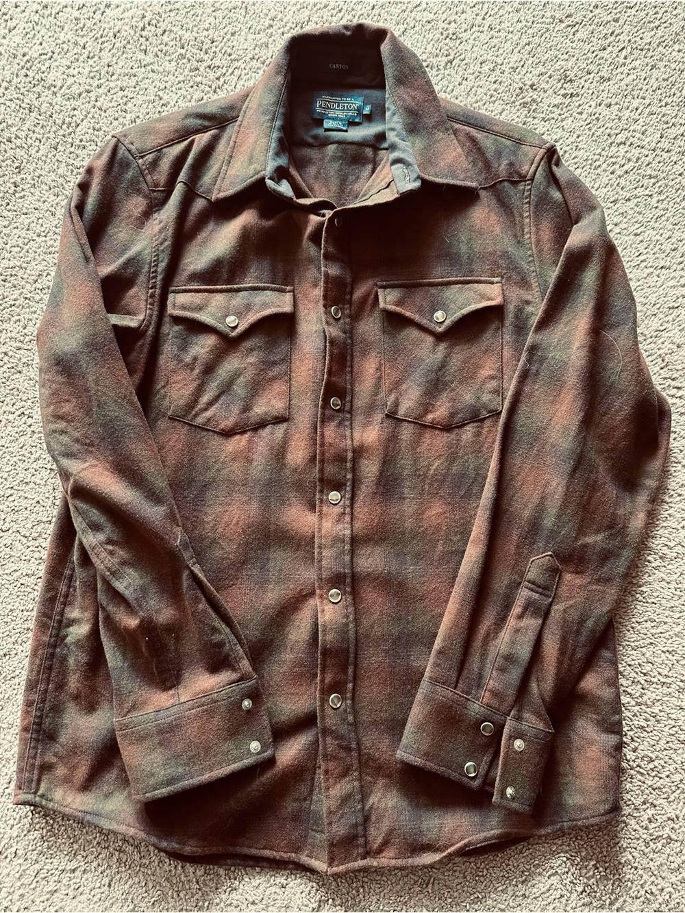 Pendleton Brown and Green Plaid Wool-Blend Casual Button-Down Shirt